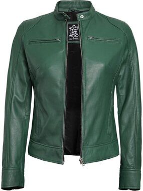 Women’s Green Genuine Lambskin Leather Cafe Racer Motorcycle Jacket